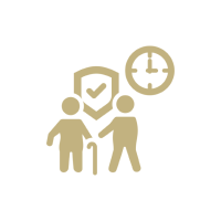 Elderly care icon with clock and shield.